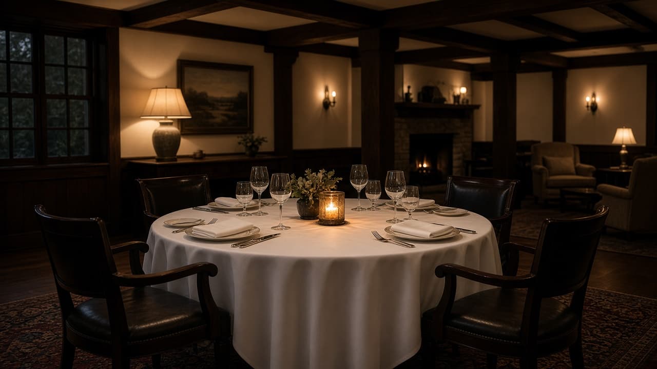 Candlelit dinner in a wood-beamed country club dining room