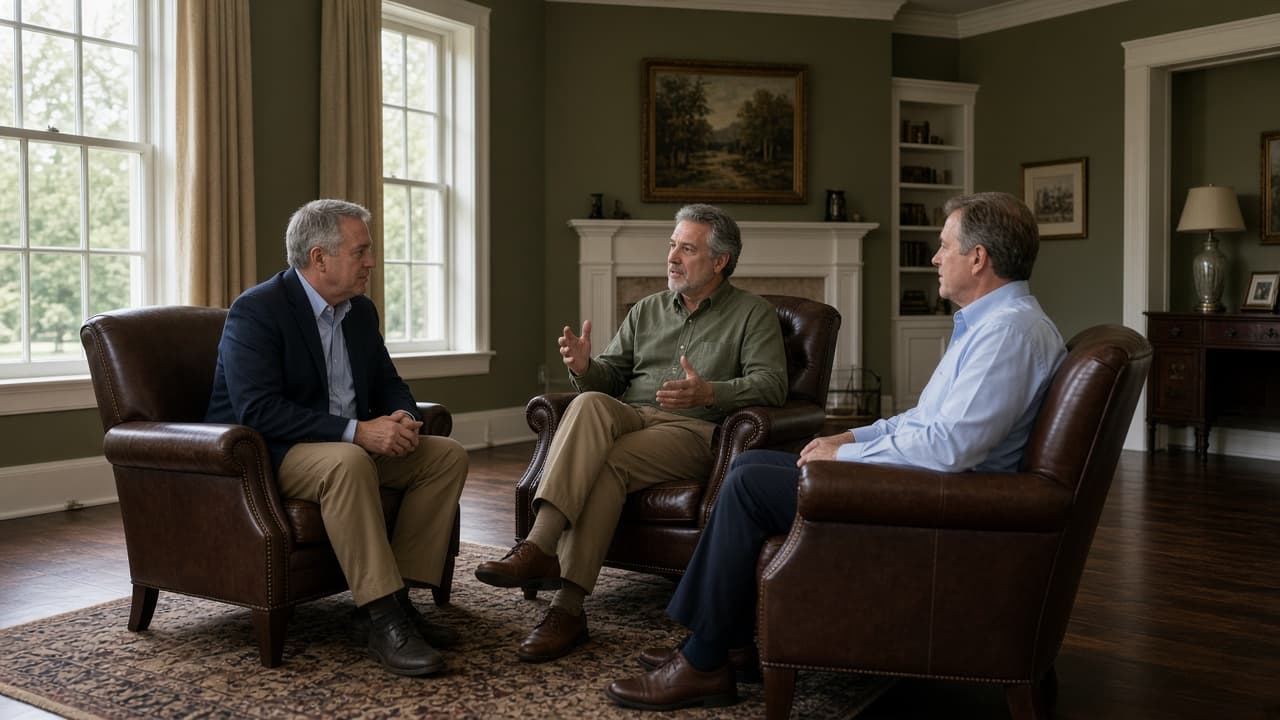 Small group of professionals in a thoughtful discussion