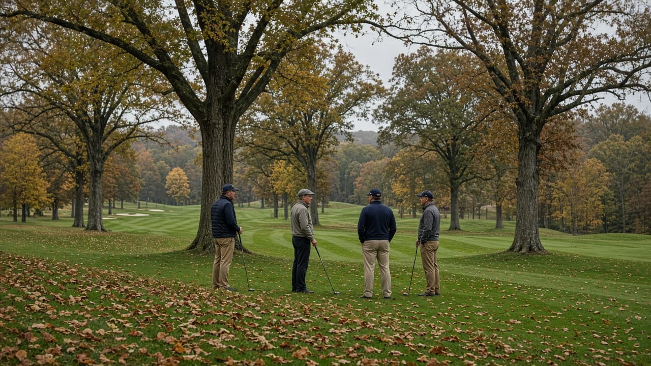 Golfers on a Tennessee country club fairway among hardwood trees