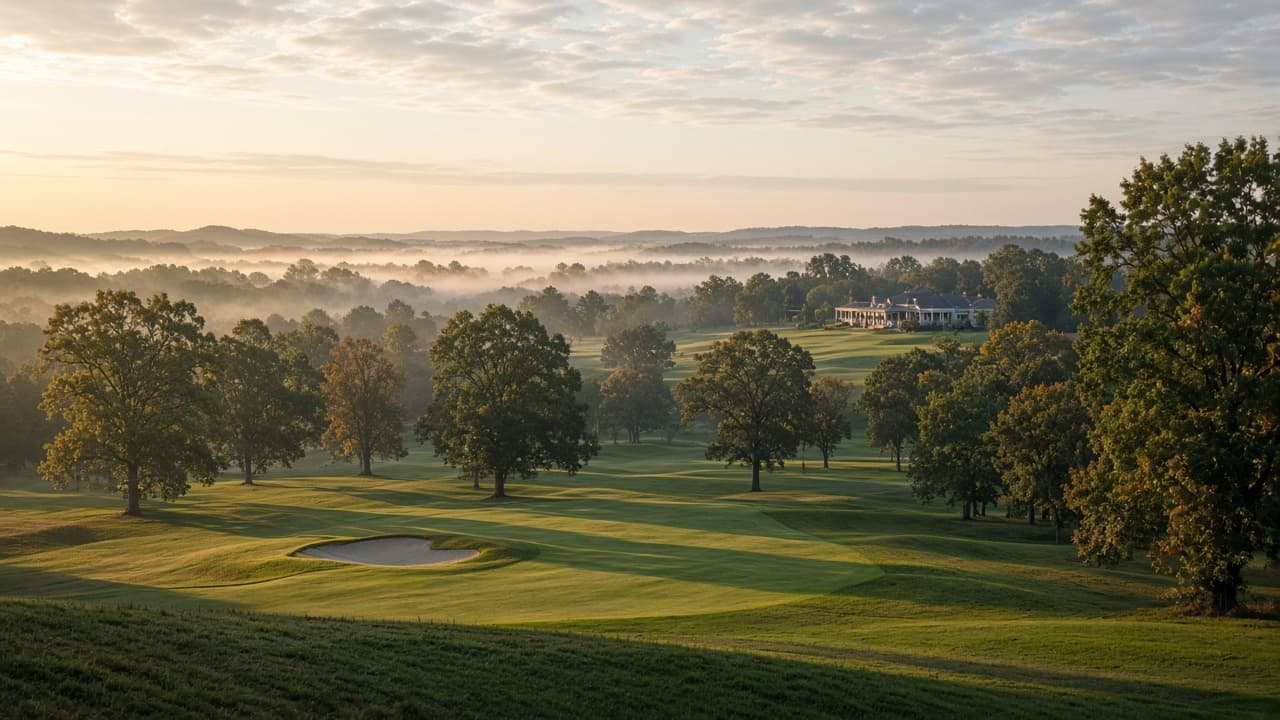 Fairway and greens of a manicured golf course at first light