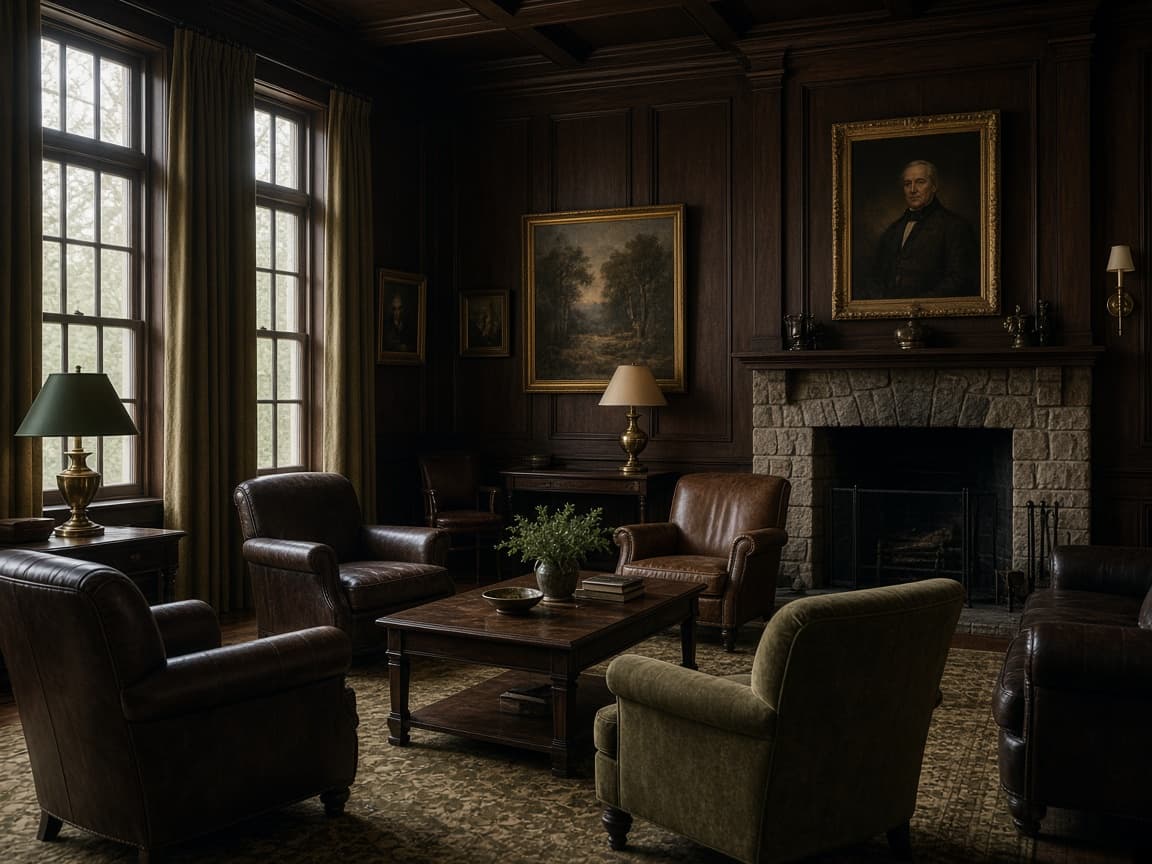 Traditional Tennessee country clubhouse lounge with wood paneling and leather chairs