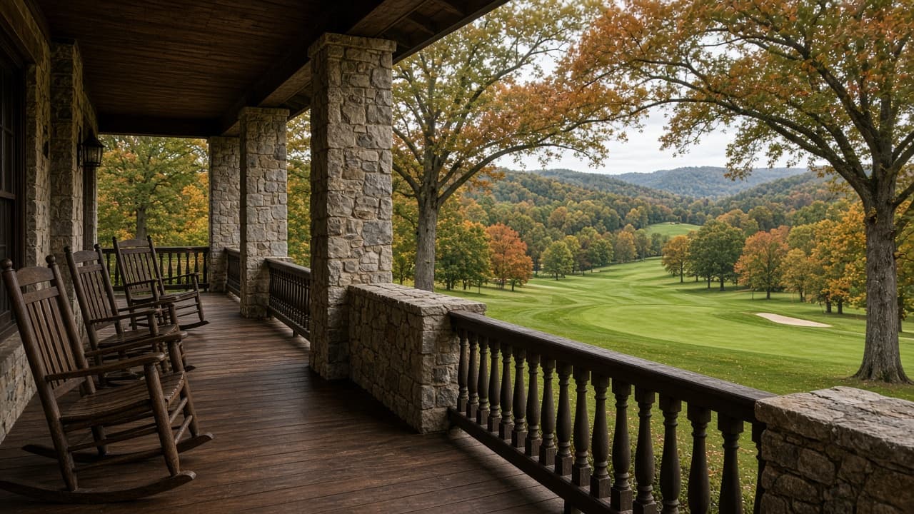 Covered wooden porch of a Tennessee clubhouse overlooking rolling hills